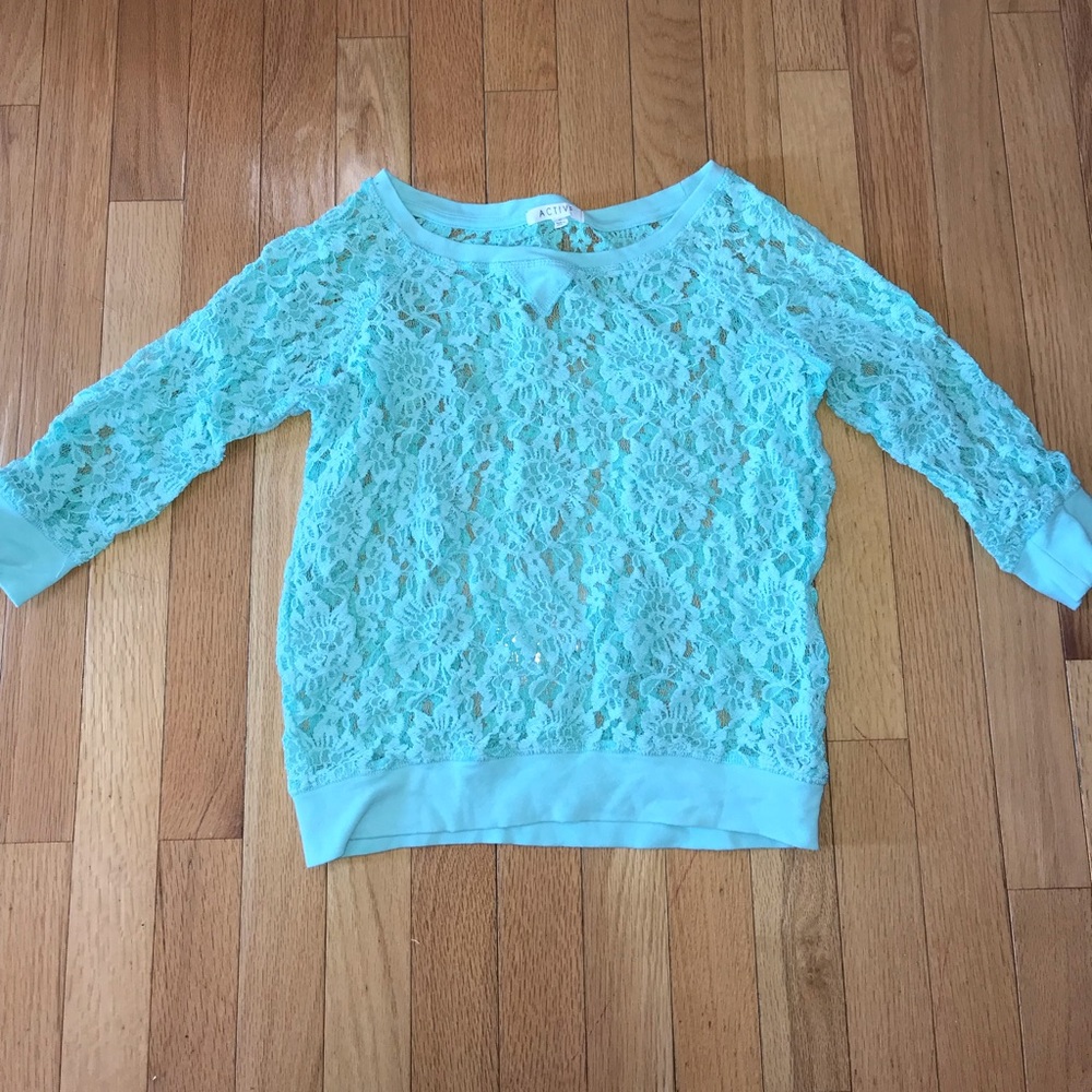 Lace top Small Mint Aqua Sheer Short Crop Shirt